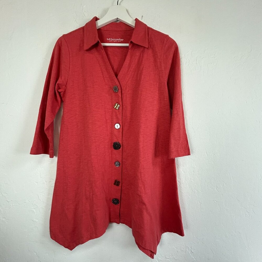 Soft Surroundings Womens Red Button-Front 3/4 Sleeve Swing Tunic Top XS Artsy